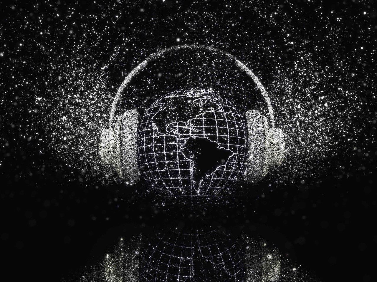 Particle-built globe wearing headphones against a starfield