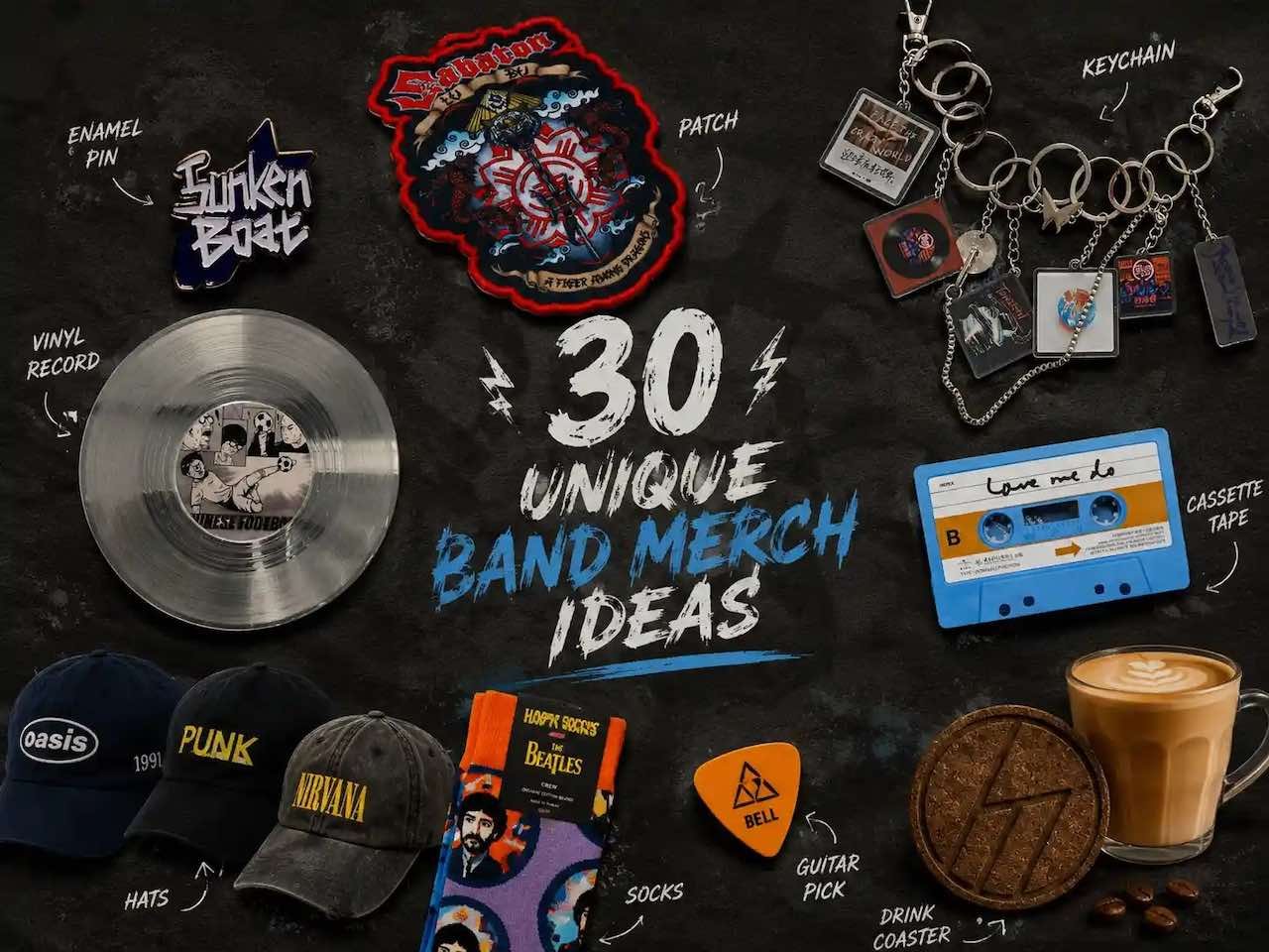 Flat lay of band merchandise: patches, pins, vinyl, cassette tape and caps